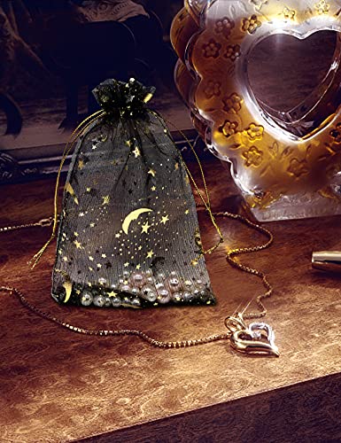 Jexila 100PCS Black Organza Bags 4X6 with Drawstring Jewelry Bags Small Moon Star Mesh Bags for Wedding Party Favor Candy Bags