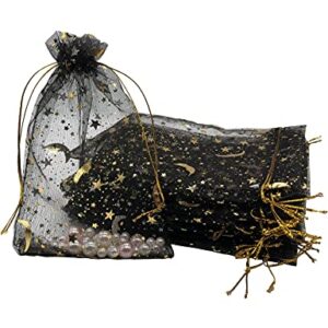 Jexila 100PCS Black Organza Bags 4X6 with Drawstring Jewelry Bags Small Moon Star Mesh Bags for Wedding Party Favor Candy Bags