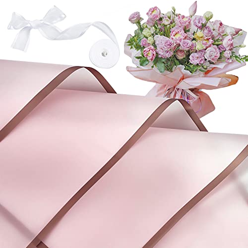 Jutieuo 20 Sheets Flower Wrapping Paper Florist Bouquet Supplies Waterproof Floral Wrapping Paper with Ribbon, 22.8x22.8 inch (Pink)