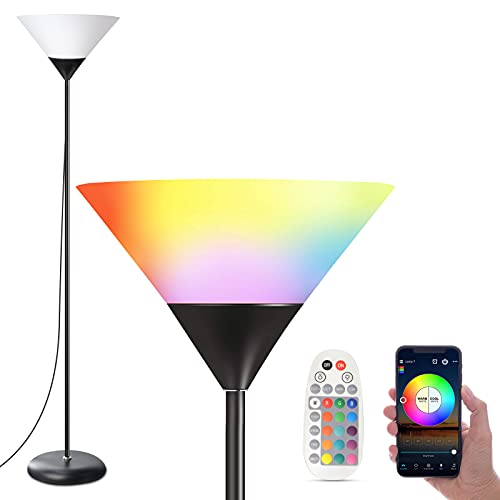 HakkaGrow Floor Lamp, Standing Tall Lamp, Pole Lamp with Bluetooth Mesh RGBW LED Bulb and Remote Control for Bedroom, Living Room, Office, Dimmable Torchiere Decor Floor Lamps