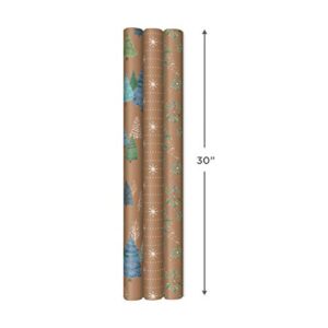 Hallmark Recyclable Holiday Wrapping Paper with Cut Lines on Reverse (3 Rolls: 90 sq. ft. ttl) Wintry Nature: Kraft Brown with White Snowflakes, Blue and Green Foliage, Christmas Trees