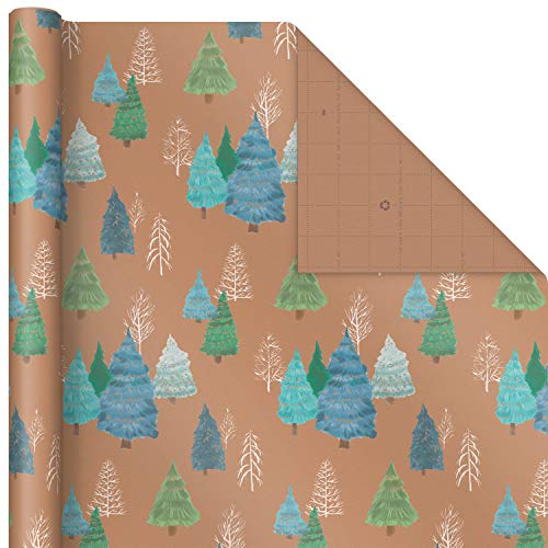 Hallmark Recyclable Holiday Wrapping Paper with Cut Lines on Reverse (3 Rolls: 90 sq. ft. ttl) Wintry Nature: Kraft Brown with White Snowflakes, Blue and Green Foliage, Christmas Trees
