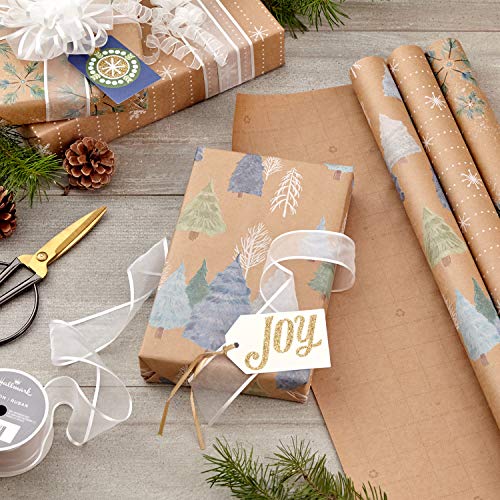 Hallmark Recyclable Holiday Wrapping Paper with Cut Lines on Reverse (3 Rolls: 90 sq. ft. ttl) Wintry Nature: Kraft Brown with White Snowflakes, Blue and Green Foliage, Christmas Trees