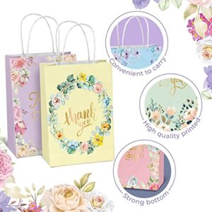 Floral Thank you Gift Bags – 20 Pack (5 Colors) | Party Favor Bags Pastel Goodie Bags for Birthday, Valentines, Baby Shower – Colored Paper Bags with Handles