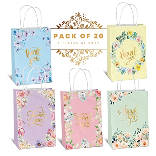 Floral Thank you Gift Bags – 20 Pack (5 Colors) | Party Favor Bags Pastel Goodie Bags for Birthday, Valentines, Baby Shower – Colored Paper Bags with Handles
