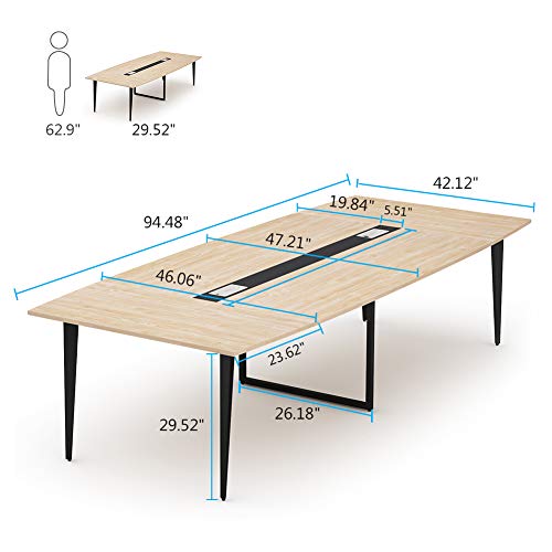 Tribesigns 8FT Conference Table, 94.48L x 47.24W x 29.52H Inches Boat Shaped Meeting Table with Rectangle Grommet, Modern Seminar Table for Office Meeting Conference Room (Light Wood Grain, 8ft)