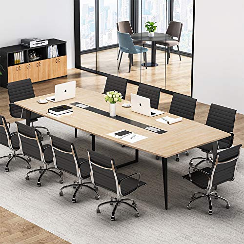 Tribesigns 8FT Conference Table, 94.48L x 47.24W x 29.52H Inches Boat Shaped Meeting Table with Rectangle Grommet, Modern Seminar Table for Office Meeting Conference Room (Light Wood Grain, 8ft)