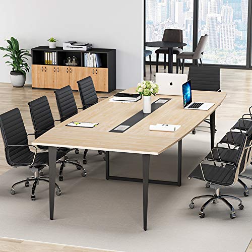 Tribesigns 8FT Conference Table, 94.48L x 47.24W x 29.52H Inches Boat Shaped Meeting Table with Rectangle Grommet, Modern Seminar Table for Office Meeting Conference Room (Light Wood Grain, 8ft)