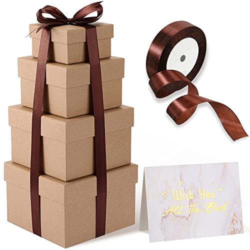 4 Pieces Wedding Gift Boxes with Lids Multi Sizes Nesting Square Boxes Stackable Favor Boxes Decorative Cardboard Box with Ribbon for Holiday Weeding Birthday Party Gift (Kraft Box)