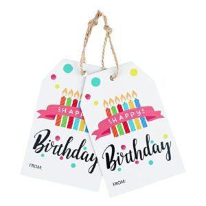 happy birthday gift tags with string,100pcs colorful candles birthday kids presents,personalized cardstock tags with holes for baby shower,adult, boys or girls birthday party gift bags（3.3″x2.1″)