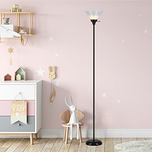 LIGHTACCENTS Black Metal Floor Lamp with Opal White Cone Shade. Model 6113-21 Standing Pole Torch Floor Lamp Torchiere Super Bright Floor Lamp (Black Finish)