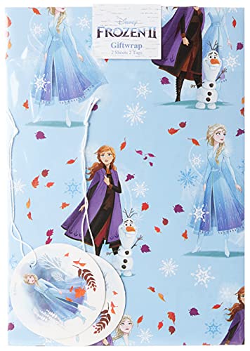 Disney Frozen Wrapping Paper for Girls - 2 Sheets and 2 Tags - Cartoon Design with Anna, Elsa and Olaf - by UK Greetings