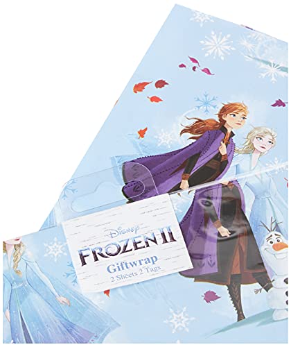 Disney Frozen Wrapping Paper for Girls - 2 Sheets and 2 Tags - Cartoon Design with Anna, Elsa and Olaf - by UK Greetings