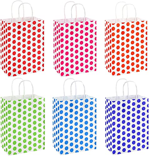 24 PCS Gift Bags, Party Favor Bags with Handles(160X 80 X 220mm),6 Colors Flat Bottom Kraft paper Bags with Handles Suitable for Christmas,Halloween,Kids Birthday,Wedding Party. (Cute Dots)