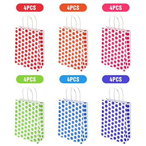 24 PCS Gift Bags, Party Favor Bags with Handles(160X 80 X 220mm),6 Colors Flat Bottom Kraft paper Bags with Handles Suitable for Christmas,Halloween,Kids Birthday,Wedding Party. (Cute Dots)