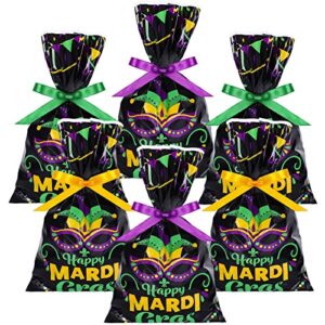 whaline 100pcs happy mardi gras party bags masquerade mask pattern cellophane bag with purple green yellow ribbon carnival goodie cookie treat bags for new orleans mardi gras party favor supplies