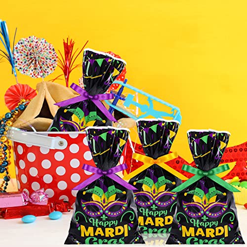 Whaline 100Pcs Happy Mardi Gras party Bags Masquerade Mask Pattern Cellophane Bag with Purple Green Yellow Ribbon Carnival Goodie Cookie Treat Bags for New Orleans Mardi Gras Party Favor Supplies