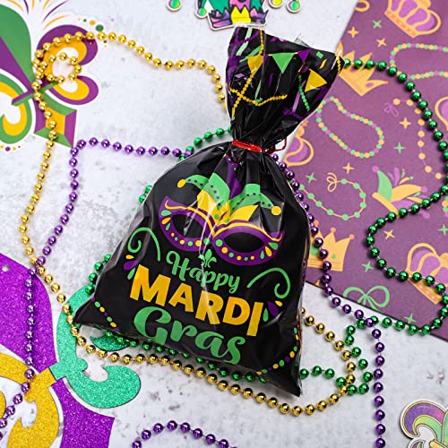 Whaline 100Pcs Happy Mardi Gras party Bags Masquerade Mask Pattern Cellophane Bag with Purple Green Yellow Ribbon Carnival Goodie Cookie Treat Bags for New Orleans Mardi Gras Party Favor Supplies