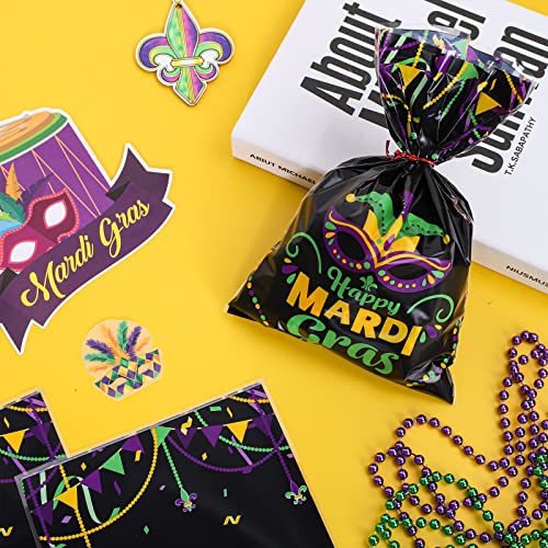 Whaline 100Pcs Happy Mardi Gras party Bags Masquerade Mask Pattern Cellophane Bag with Purple Green Yellow Ribbon Carnival Goodie Cookie Treat Bags for New Orleans Mardi Gras Party Favor Supplies