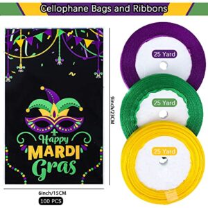 Whaline 100Pcs Happy Mardi Gras party Bags Masquerade Mask Pattern Cellophane Bag with Purple Green Yellow Ribbon Carnival Goodie Cookie Treat Bags for New Orleans Mardi Gras Party Favor Supplies