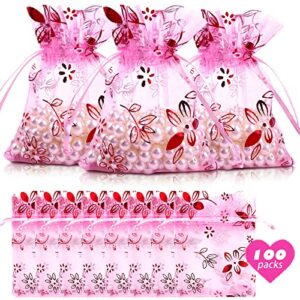 100 pcs pink organza bags with flowers jewelry pouch 3.54 x 4.72 inches tulle pockets organizer drawstring bags for candy jewelry party wedding favor