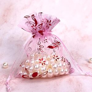 100 PCS Pink Organza Bags with Flowers Jewelry Pouch 3.54 X 4.72 Inches Tulle Pockets Organizer Drawstring Bags for Candy Jewelry Party Wedding Favor