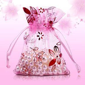 100 PCS Pink Organza Bags with Flowers Jewelry Pouch 3.54 X 4.72 Inches Tulle Pockets Organizer Drawstring Bags for Candy Jewelry Party Wedding Favor
