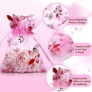 100 PCS Pink Organza Bags with Flowers Jewelry Pouch 3.54 X 4.72 Inches Tulle Pockets Organizer Drawstring Bags for Candy Jewelry Party Wedding Favor