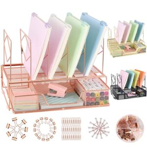 spacrea rose gold desk organizers – file organizer desk accessories with vertical file folder holders & sliding drawer, office supplies for workspace college dorm home(binder clips included)