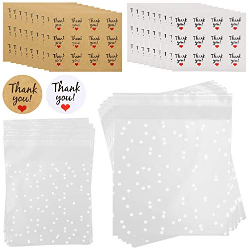 416Pcs Self Adhesive Cookie Bags Cellophane Treat Bags,200pcs Candy White Polka Dot Frosted Bags& 216pcs White Paper, Kraft Paper Thank You Sticker, Cookie Bags for Gift Giving Cookie Chocolate