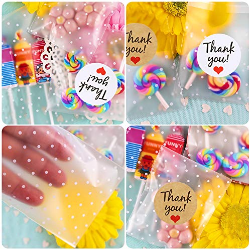 416Pcs Self Adhesive Cookie Bags Cellophane Treat Bags,200pcs Candy White Polka Dot Frosted Bags& 216pcs White Paper, Kraft Paper Thank You Sticker, Cookie Bags for Gift Giving Cookie Chocolate