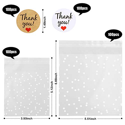 416Pcs Self Adhesive Cookie Bags Cellophane Treat Bags,200pcs Candy White Polka Dot Frosted Bags& 216pcs White Paper, Kraft Paper Thank You Sticker, Cookie Bags for Gift Giving Cookie Chocolate