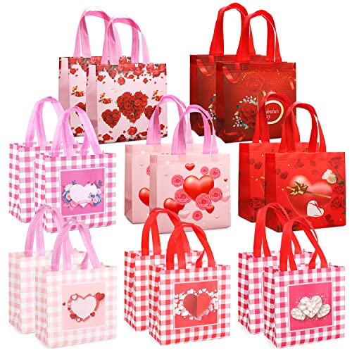 16PCS Happy Valentines Day Reusable Gift Bags, Treat Bags with Handles, Valentines Day Party Bags, Multifunctional Non-Woven Valentines Bags for Gifts Wrapping, Valentines Party Supplies, 8.7×9.2×4.3inch