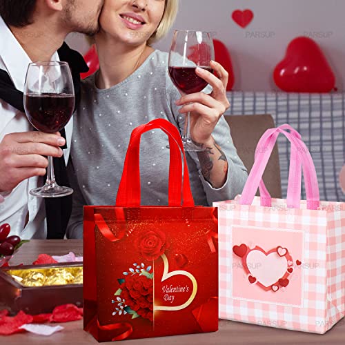 16PCS Happy Valentines Day Reusable Gift Bags, Treat Bags with Handles, Valentines Day Party Bags, Multifunctional Non-Woven Valentines Bags for Gifts Wrapping, Valentines Party Supplies, 8.7×9.2×4.3inch