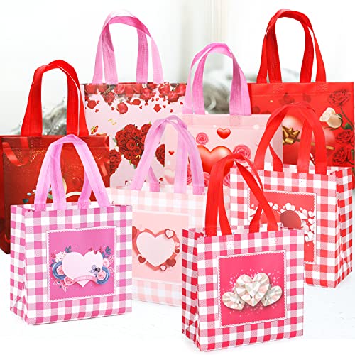 16PCS Happy Valentines Day Reusable Gift Bags, Treat Bags with Handles, Valentines Day Party Bags, Multifunctional Non-Woven Valentines Bags for Gifts Wrapping, Valentines Party Supplies, 8.7×9.2×4.3inch
