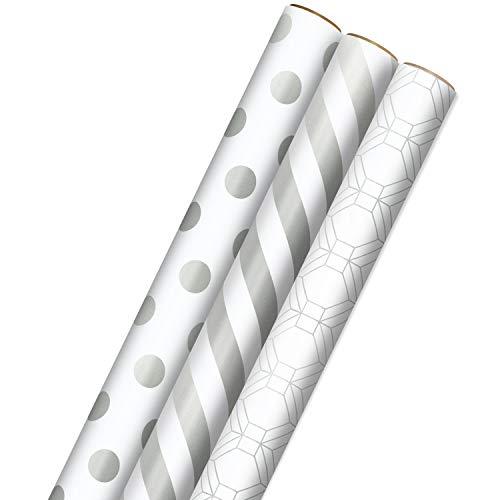 Hallmark Silver and White Wrapping Paper with Cutlines on Reverse (3 Rolls: 105 sq. ft. ttl) Stripes, Dots, Geometric for Weddings, Christmas, Hanukkah, Bridal Showers, Birthdays