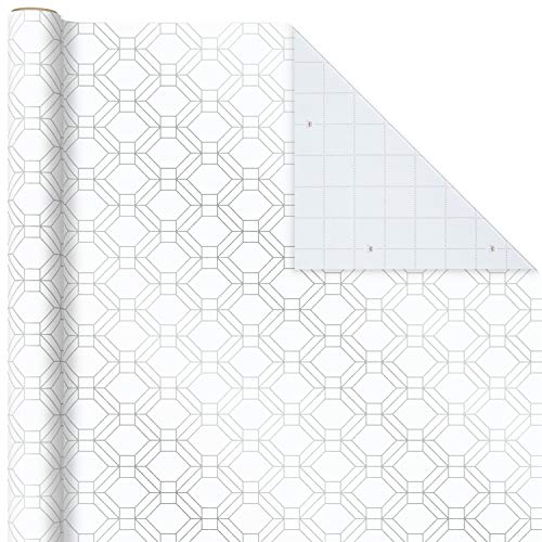 Hallmark Silver and White Wrapping Paper with Cutlines on Reverse (3 Rolls: 105 sq. ft. ttl) Stripes, Dots, Geometric for Weddings, Christmas, Hanukkah, Bridal Showers, Birthdays