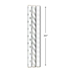 Hallmark Silver and White Wrapping Paper with Cutlines on Reverse (3 Rolls: 105 sq. ft. ttl) Stripes, Dots, Geometric for Weddings, Christmas, Hanukkah, Bridal Showers, Birthdays