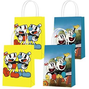 leiquyeah 16pcs cup head tv show party favor bags, cartoon theme birthday paper gift bags with handles for decorations goody treat candy (023)