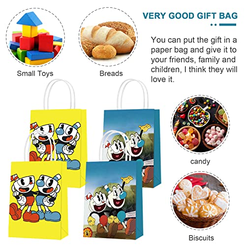 leiquyeah 16pcs Cup Head TV Show Party Favor Bags, Cartoon Theme Birthday Paper Gift Bags with Handles for Decorations Goody Treat Candy (023)