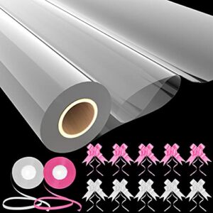 31.5 inch x 100 ft Clear Cellophane Wrap Roll for Gift Baskets with 10 Large Pull Bows and 2 Ribbons -Florist Cellophane Wrap Roll used for Christmas Crafts, Gifts, Flower Bouquet, Wicker Basket, Halloween Sweets