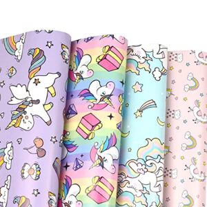 fiehala flat wrapping paper sheets – 8 sheets with 4 unicorn patterns – pre cut & folded flat design (20 inches × 27.5 inches per sheet)
