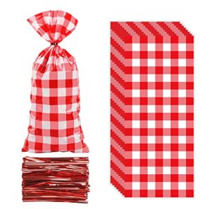 100 pieces red plaid cellophane bags red white checkered plastic treat bags gingham gift goody bags checkered picnic barbecue bags with twist ties for christmas birthday party bakery candy chocolate