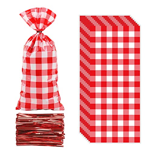 100 Pieces Red Plaid Cellophane Bags Red White Checkered Plastic Treat Bags Gingham Gift Goody Bags Checkered Picnic Barbecue Bags with Twist Ties for Christmas Birthday Party Bakery Candy Chocolate