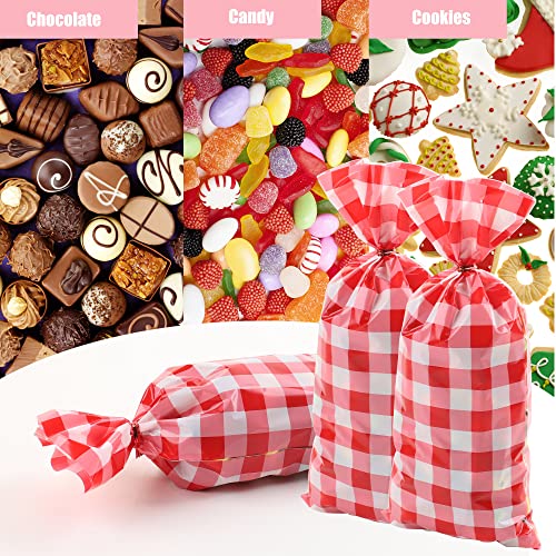 100 Pieces Red Plaid Cellophane Bags Red White Checkered Plastic Treat Bags Gingham Gift Goody Bags Checkered Picnic Barbecue Bags with Twist Ties for Christmas Birthday Party Bakery Candy Chocolate