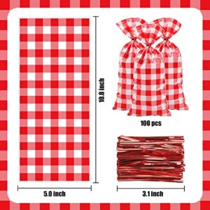 100 Pieces Red Plaid Cellophane Bags Red White Checkered Plastic Treat Bags Gingham Gift Goody Bags Checkered Picnic Barbecue Bags with Twist Ties for Christmas Birthday Party Bakery Candy Chocolate