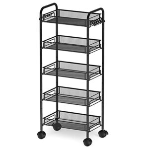 homehom 5-tier rolling cart, metal utility cart with lockable wheels, rolling storage cart with handle kitchen cart with 12 hooks for office, bathroom, kitchen, kids’ room, classroom (black)