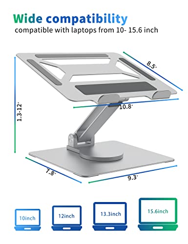 SOUNDANCE Adjustable Laptop Stand with 360° Rotating Heavy Base, Ergonomic Laptop Riser for Desk, Stable Laptop Holder for Collaborative Working, Suit for 10-15.6" PC Computer, Single Shaft, Silver