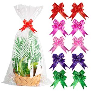 kolewo4ever 20pcs 18 x 32 inches clear cellophane gift bags package bags with 20pcs pull bow for wrapping baskets cello wrap basket bag