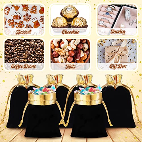 80 Pieces Velvet Bags with Drawstrings Soft Velour Jewelry Pouch Sacks Candy Gift Packaging Pouch Bag for Graduation Wedding Christmas Birthday Party Supplies, 2.8 x 3.5 Inch (Black, Gold)